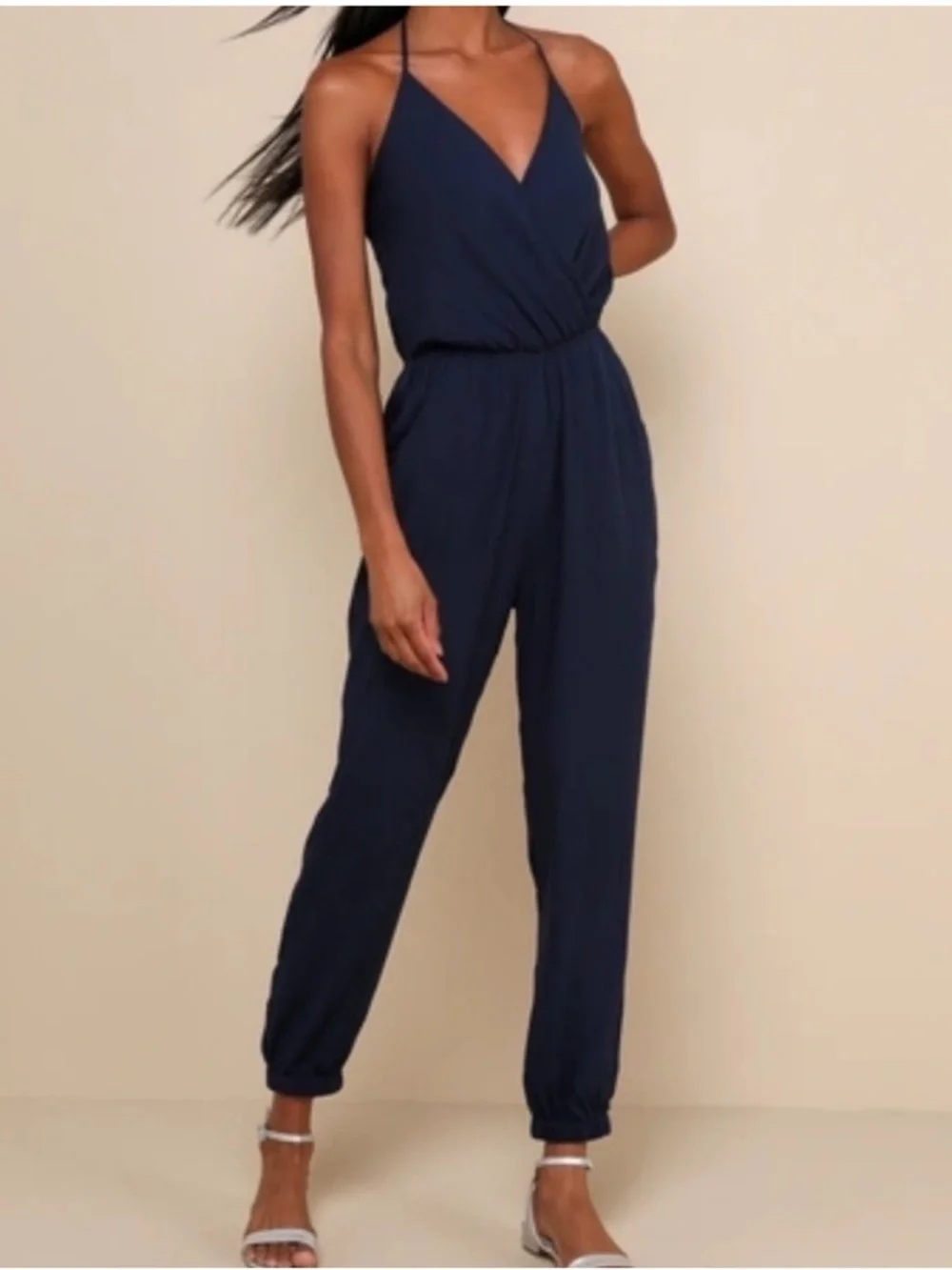 Lulus Learning To Fly Navy Halter Jumpsuit L Surplice Wrap Jogger Lightweight